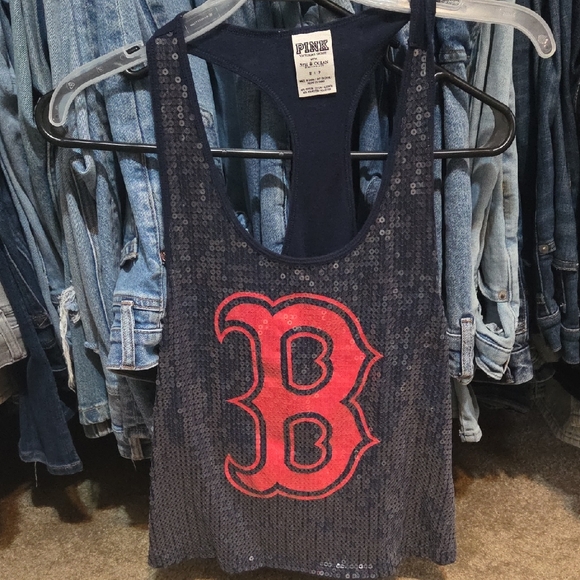 PINK Victoria's Secret Tops - PINK Victoria's Secret Navy Sequin Tank with Red Logo